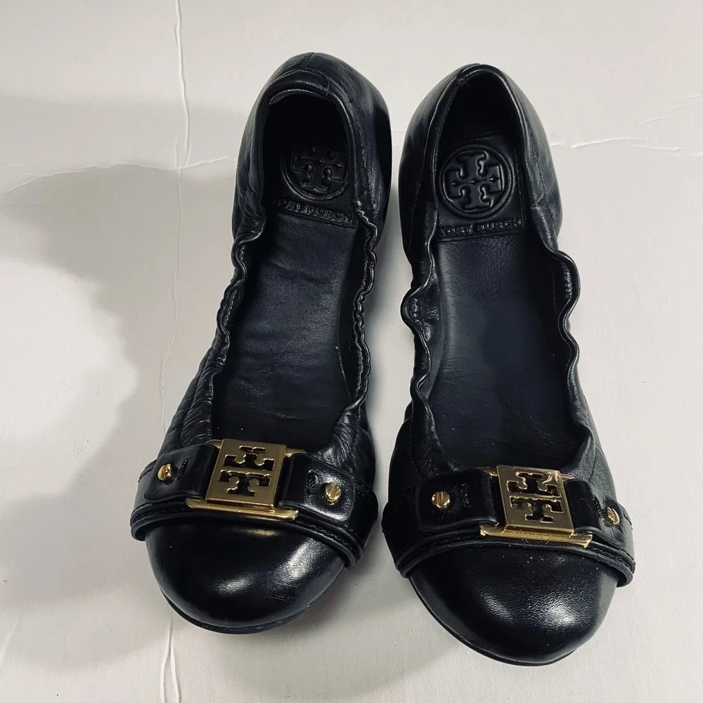 Tory Burch Ambrose‎ Gold Logo Reva Cap Toe Ballet Flats Black Leather Size 5.5